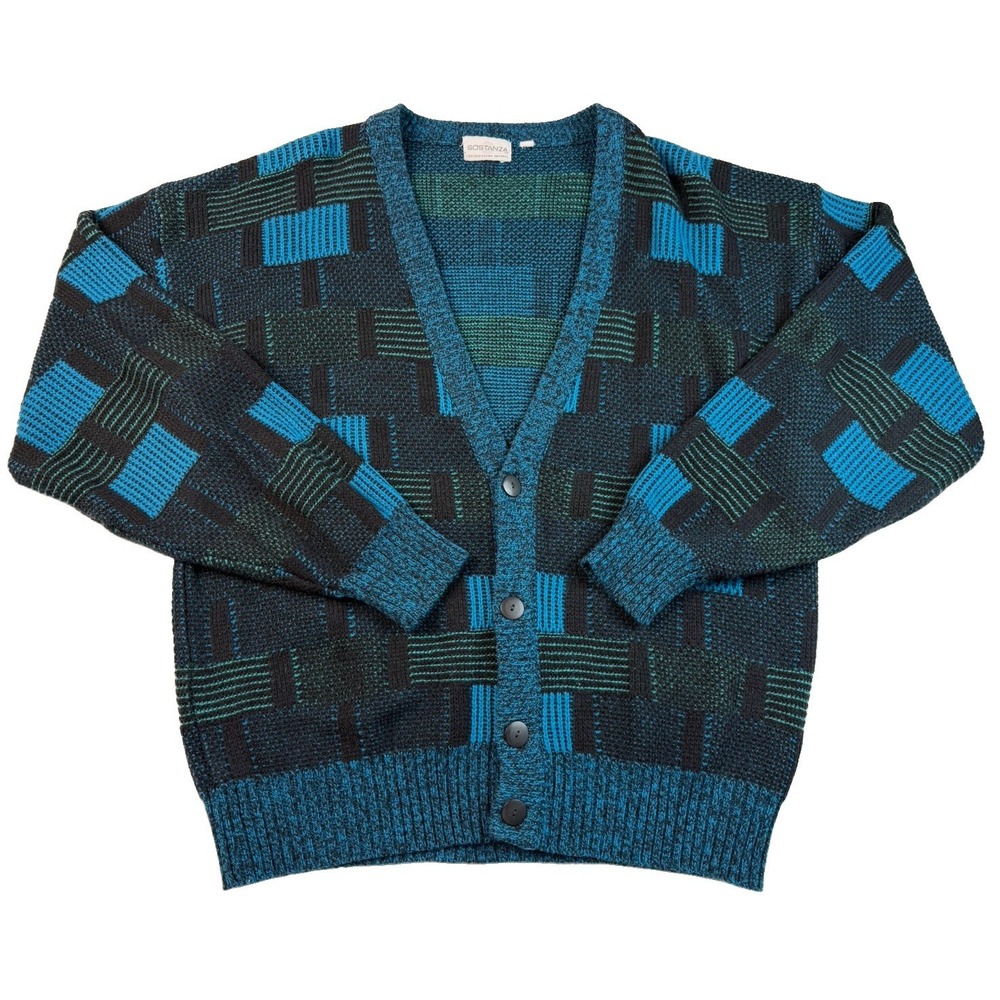 Vintage 90s Sostanza Men's L Geometric Cardigan Teal Black Grandpa Sweater